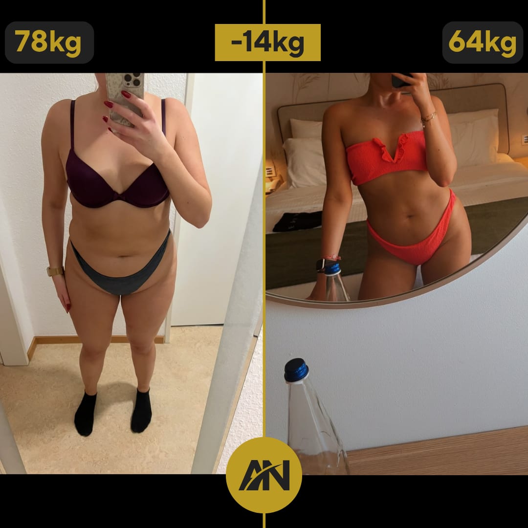 Anna in der zweiten Aufnahme, vorher 78 kg, nachher 64 kg
